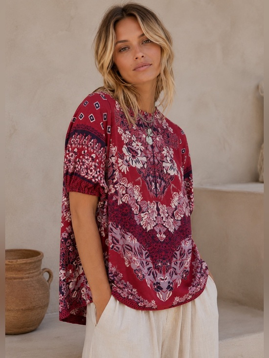 Free People Tops - Free People Red Floral Boho Tunic Knot Top Small